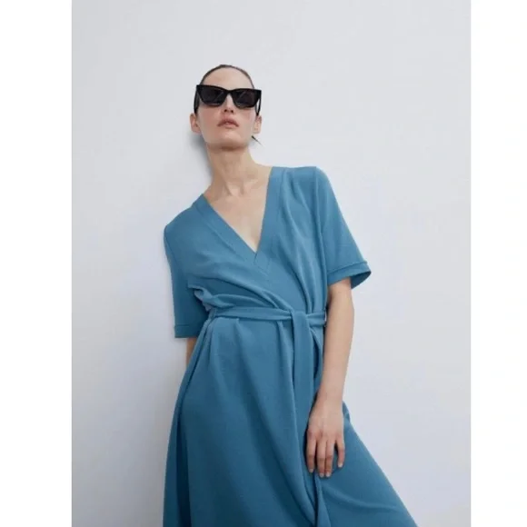 πΎHPπΎZara Blue Textured Short Sleeve Dress Size XL NWOT - Picture 2 of 11